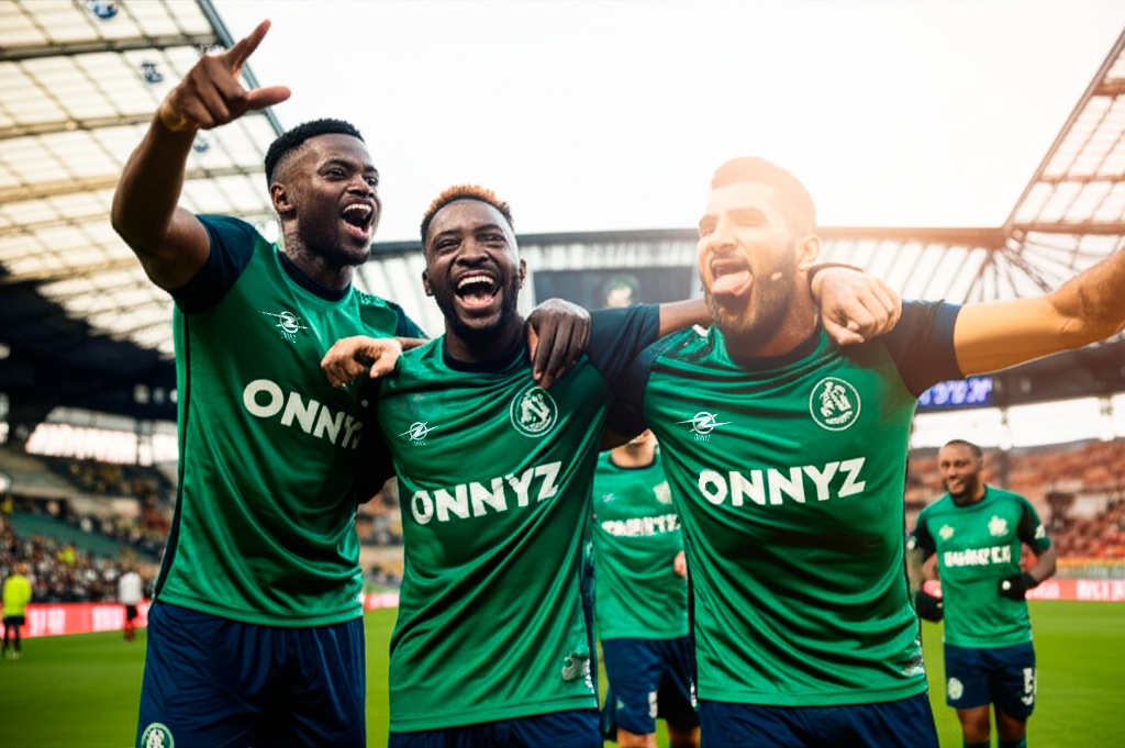 Jogadores de futebol comemorando vitória vestindo uniformes verdes da ONNYZ em estádio profissional